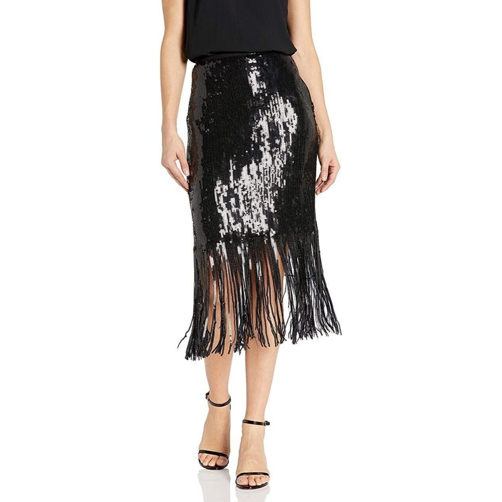 Designer Vince Camuto Black Sequin Midi Length Fringe Fully Lined Evening Skirt - Picture 7 of 11